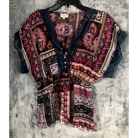 One World Woman's Shirt V-neck Blouse Elastic Waist Short Sleeve Adult Large - Picture 10 of 16